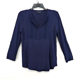 Cable & Gauge Shirt Womens Small Dark Blue V-Neck Roll Tab Sleeves Pullover Top